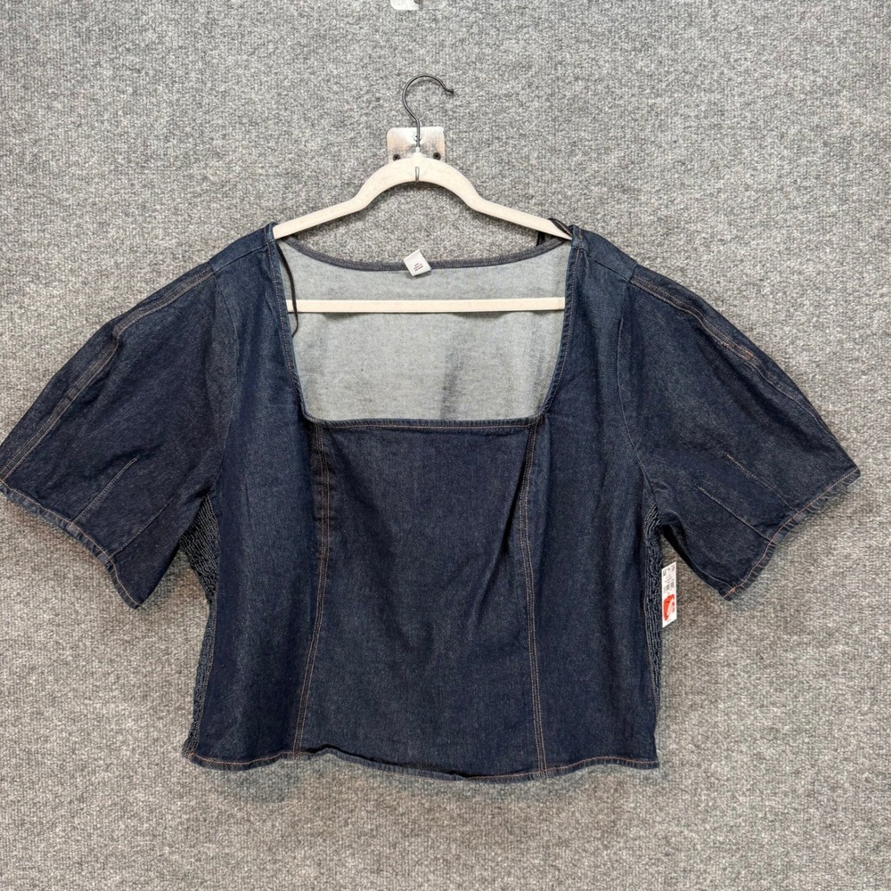 Old Navy‎ Denim Top Women 3X Blue Square Neck Smocked Jean Shirt Plus Size NEW